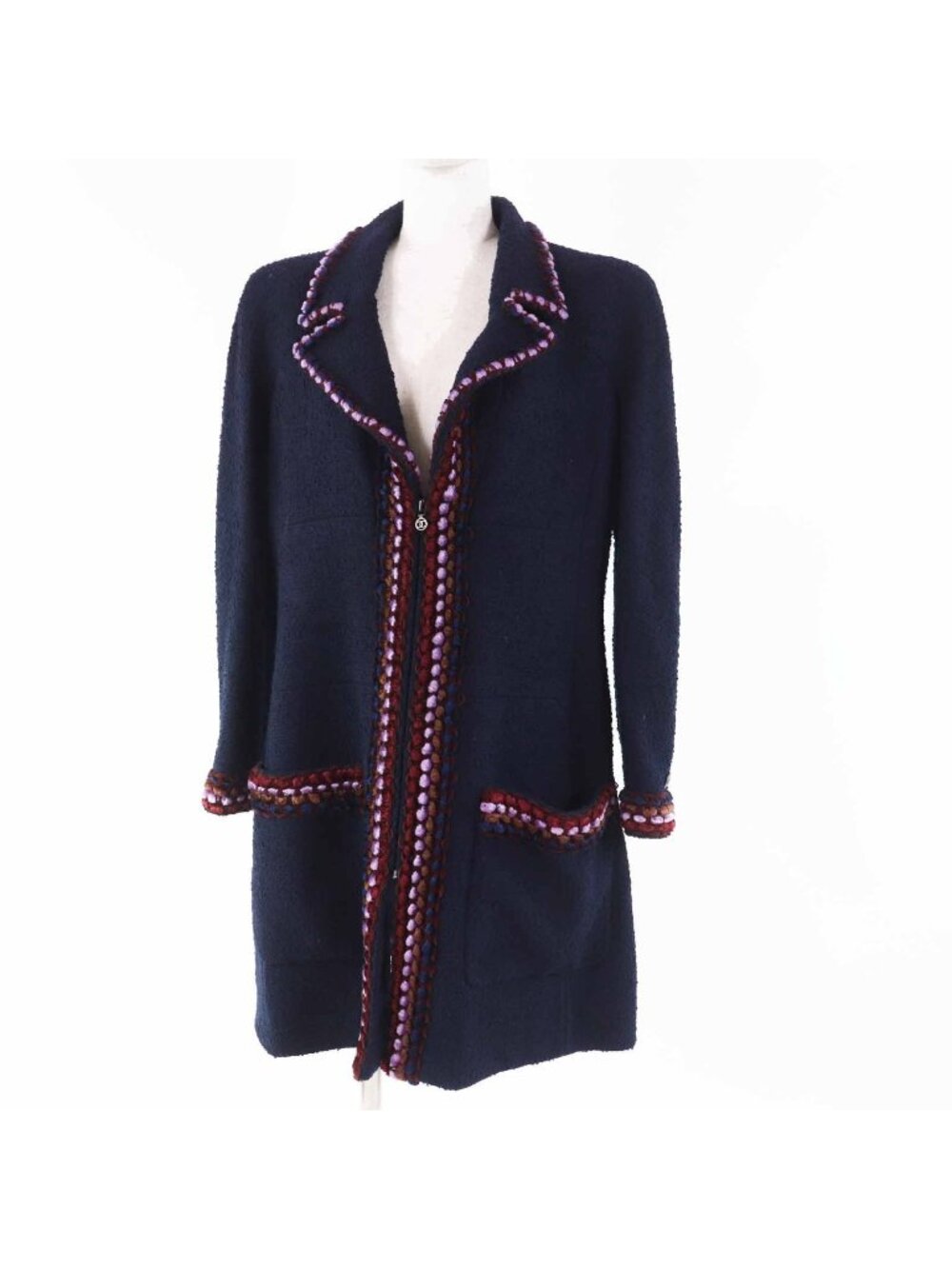 Chanel Vintage 97A CC Logo Plate Multi Line Single Color Tweed Coat Navy 40